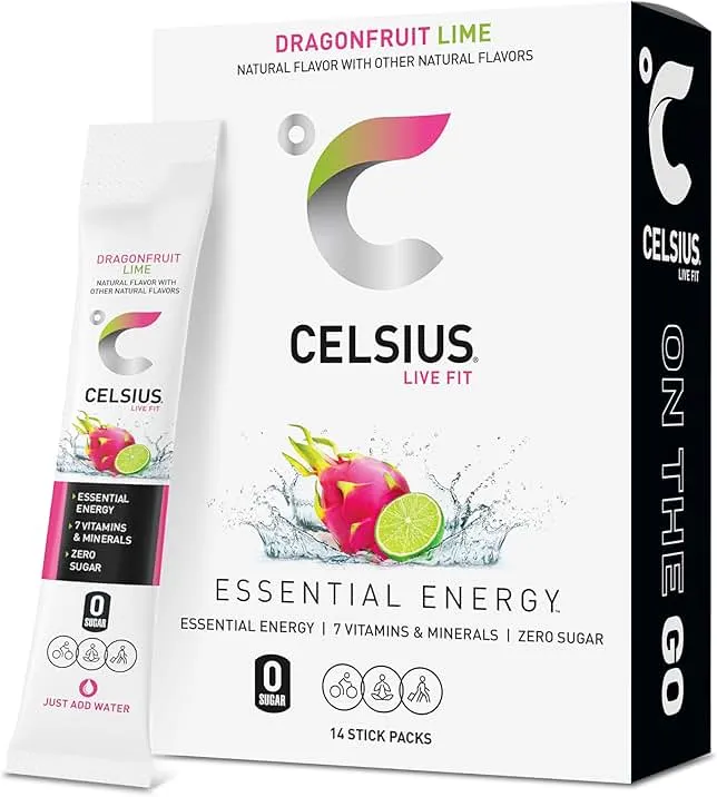CELSIUS® On-the-Go Powder Sticks Dragonfruit Lime, Essential Energy 2.8 Oz (14 Sticks per Pack)
