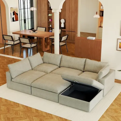 Large Storage 157 in. Square Arm Linen 6-Piece Down Filled Pinewood Cloud Modular Tuxedo Sofa in khaki with 2-Ottomans