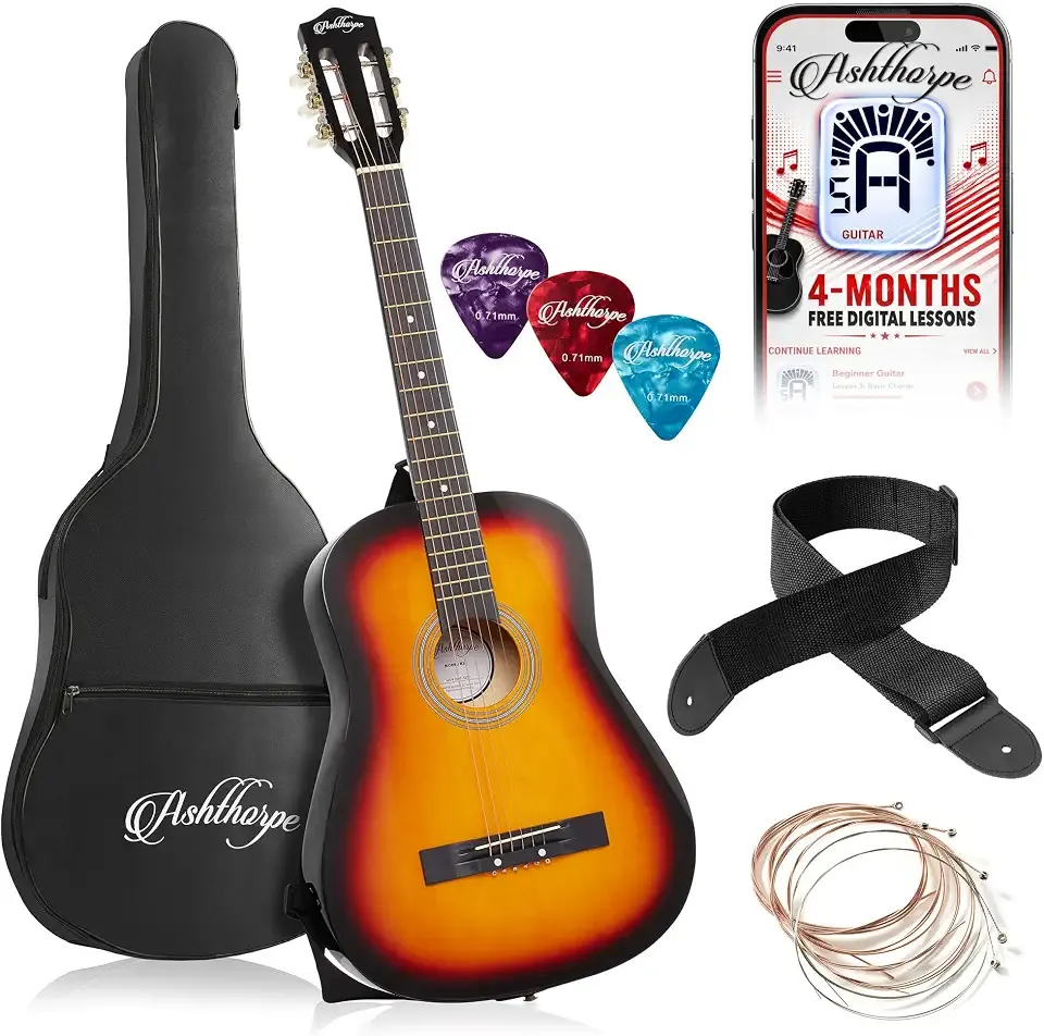 Ashthorpe 38-inch Beginner Acoustic Guitar (Sunburst), Starter Kit with Gig Bag, Extra Strings, Strap, Picks, and Lessons