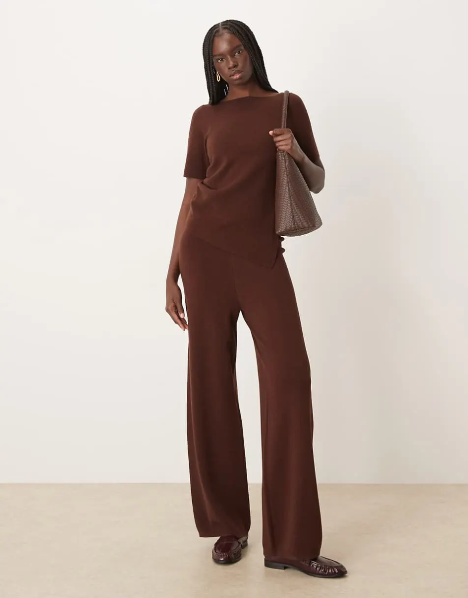 ASOS DESIGN ruched side asymmetric t-shirt & structured trouser co-ord in chocolate