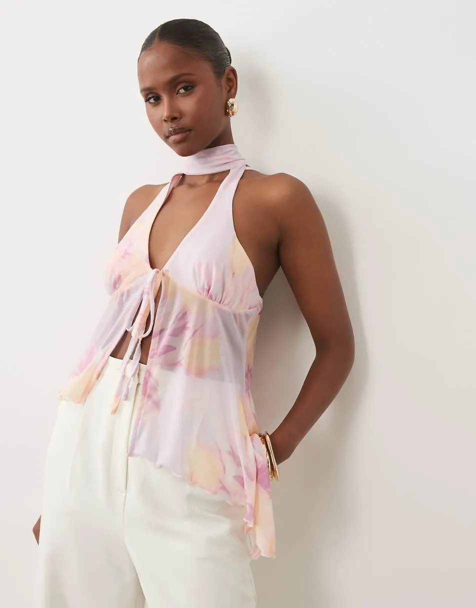 ASOS DESIGN printed mesh tie front asymmetric hem halter top in lilac floral print