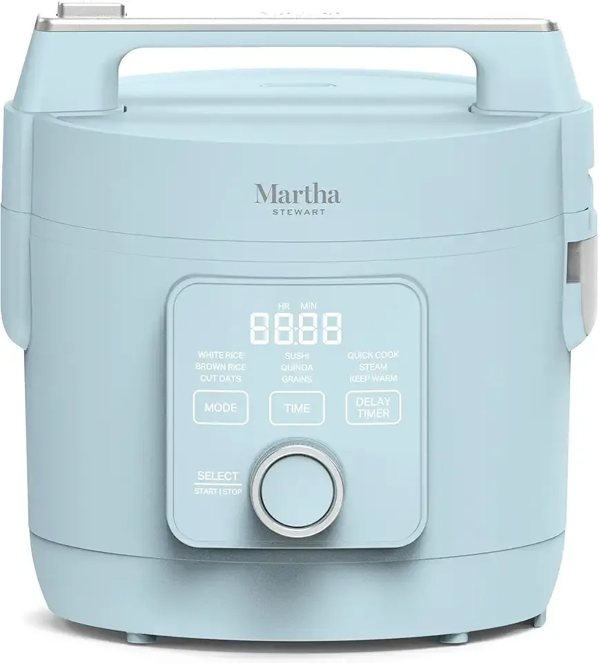 Martha Stewart Rice Cooker, 4 Cup (Uncooked) / 8 Cup (Cooked), Ceramic Non-Stick Removable Pot, Keep Warm, Measure Markings, Steam Basket, Brown & Sushi Rice, Quick Cook, Quinoa, Grains, Oats, Sky Blue
