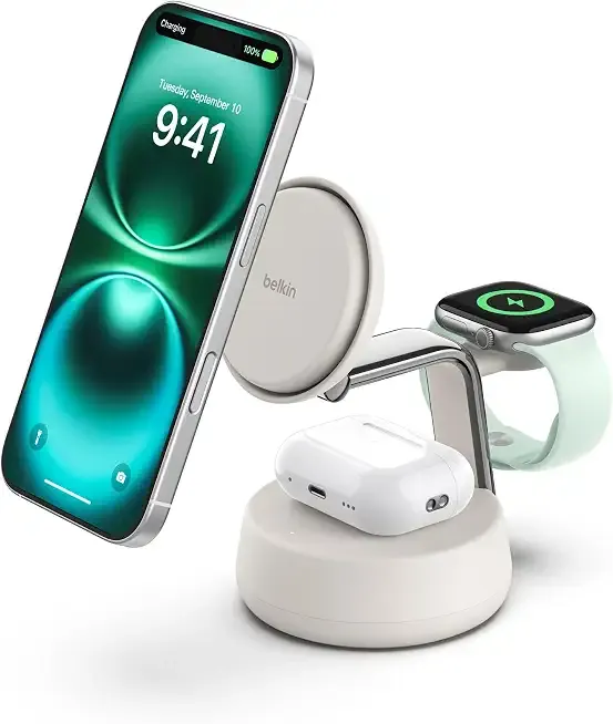 Belkin Qi2.2 25W Wireless Fast Charging Station, 3 in 1 iPhone Charger | Fast Charging, MagSafe Compatible, iPhone 17/16/15, Apple Watch, AirPods, Travel Charger, Magnetic