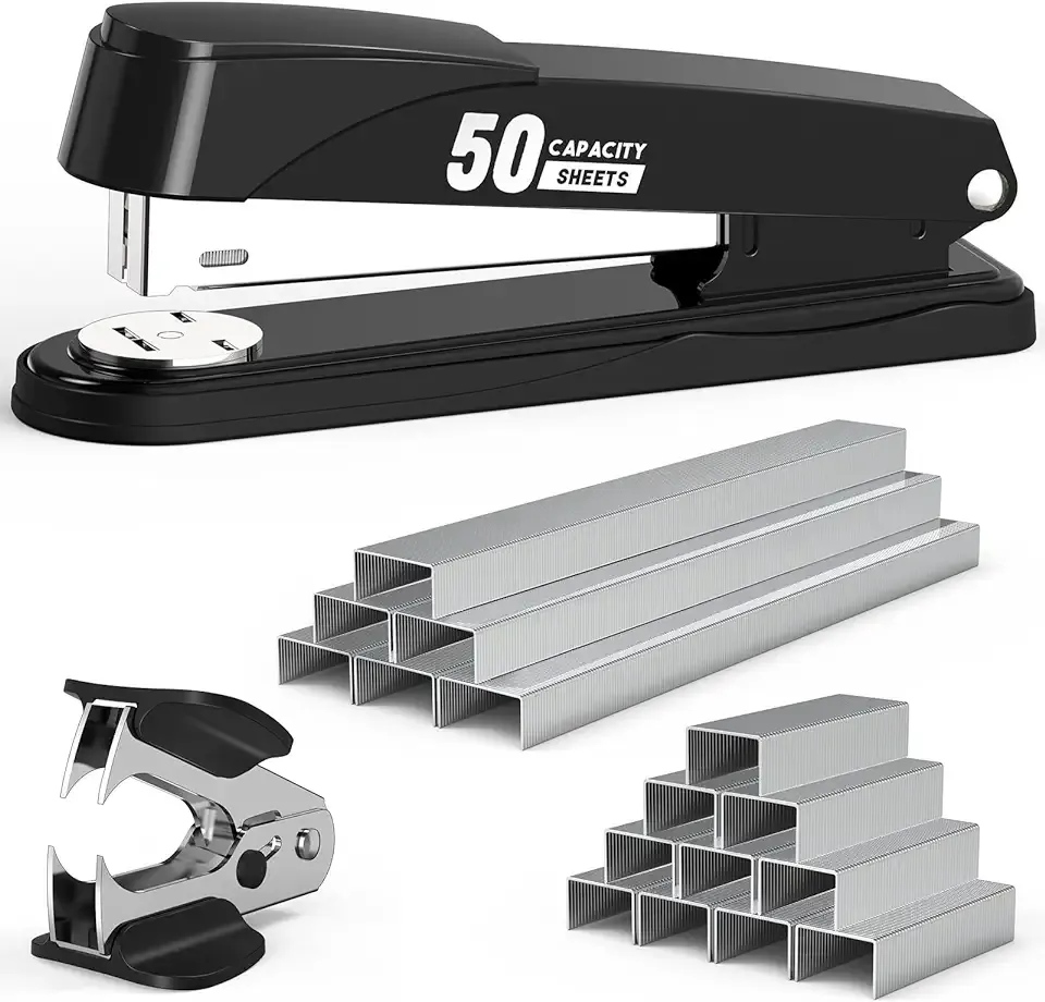 Metal Stapler Heavy Duty 50 Sheet Capacity with 1750 Staples and Staple Remover, Full Strip Staplers for Desk, No Jam, Non-Slip for Office & Classroom, Black