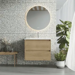 Mueble de Baño Suspendido Fondo Reducido con Lavabo Cerámico| Mueble Volado 2 Cajones | 60 cm Roble Natural
