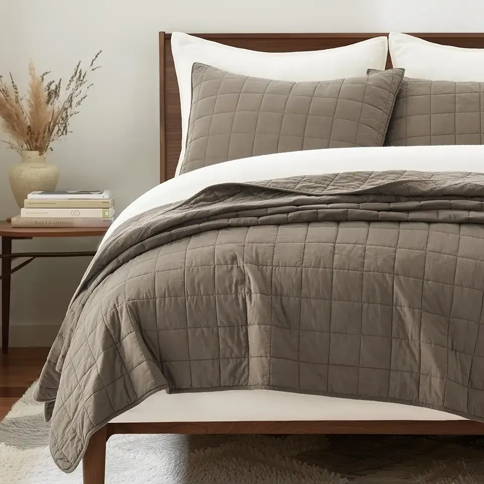 EVERGRACEHOME 100% Cotton Box Stitch Quilt Bedding Set King Size 3 Pieces, Garment-Washed Lightweight Soft Cozy Coverlet, Oversized Quilted Bedspread Sets with 2 Shams for All Season, Mocha Brown