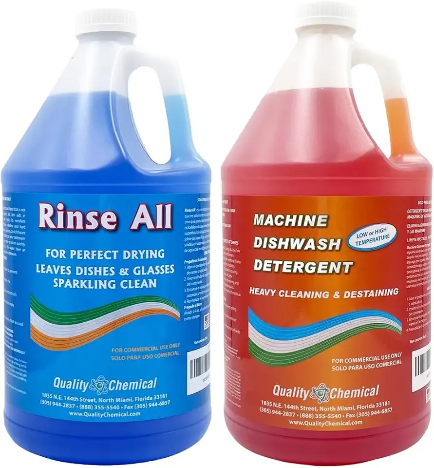 Quality Chemical Commercial Dishwasher Combo – Machine Dishwash Detergent, Heavy Cleaning + Rinse All Spot-Free Drying Agent, Low/High Temp, for Dishes & Glasses, 1 Gallon + 1 Gallon (2 Pack)