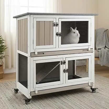 Rabbit Hutch Indoor Bunny Cage Outdoor with Chew-Resistant Ramp Slide Out Tray Openable Waterproof Roof Two Story Guinea Pig House with Wheels Rabbit Hutch Indoor Bunny Cage Outdoor with Chew-Resi…