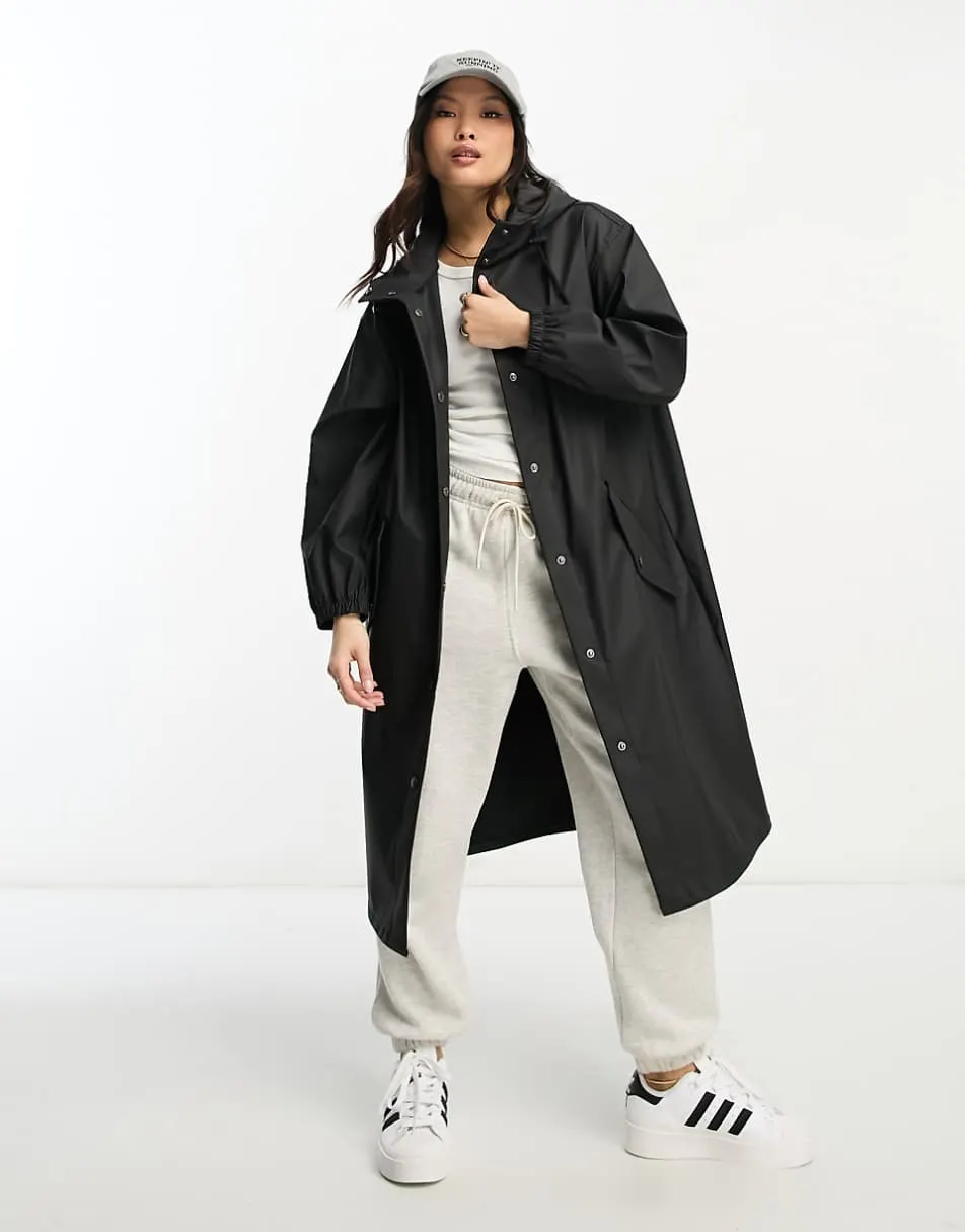 ASOS DESIGN Petite rubberised rain parka coat in black