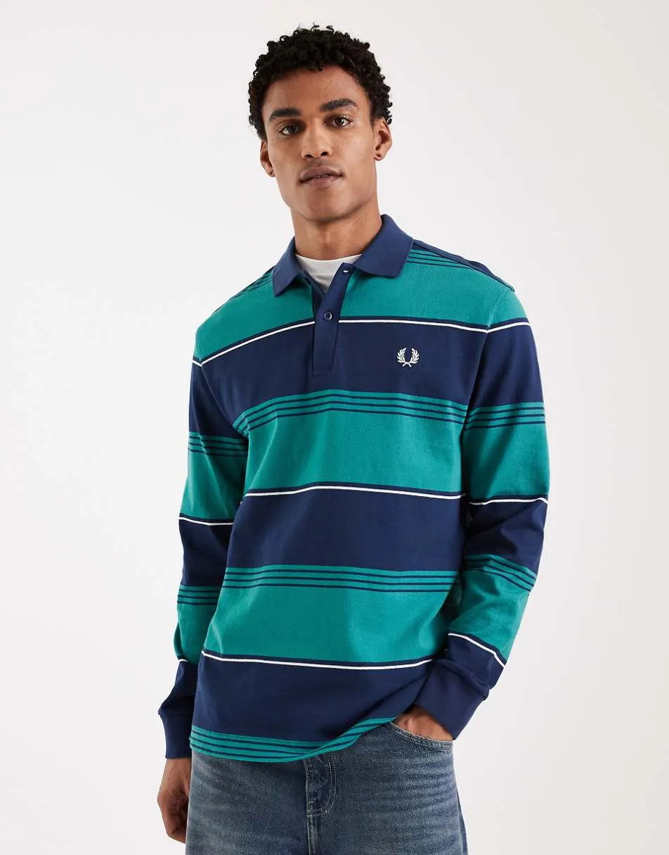 Fred Perry long sleeve heavyweight striped logo polo shirt in blue