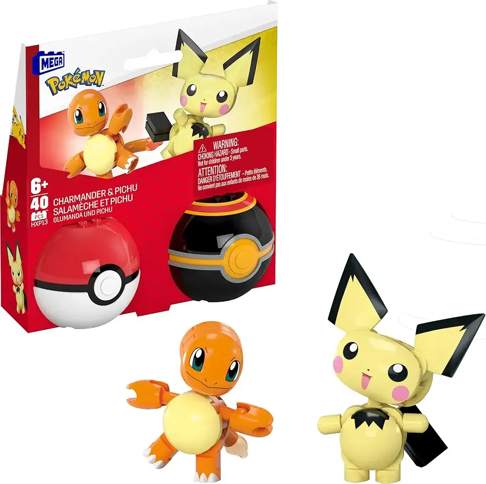 MEGA Pokémon Building Toys Set Pichu & Charmander with 40 Pieces, 2 Poseable Characters and Poké Ball, 2 Inches Tall, for Kids