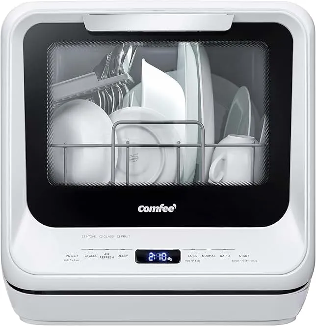 COMFEE' Portable Dishwasher Countertop with 5L Built-in Water Tank, No Hookup Needed, 6 Programs, 360° Dual Spray, 192℉ High-Temp& Air-Dry Function, Mini Dishwasher for RVs, White