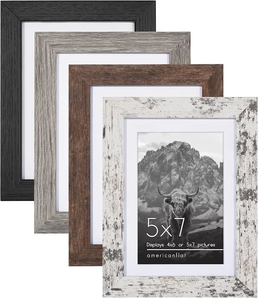 Americanflat Rustic 5x7 Picture Frame Set of 4 - Use as 4x6 Picture Frame with Mat or 5x7 Frame Without Mat - Photo Frame with Textured Engineered Wood, Shatter Resistant Glass, and Easel