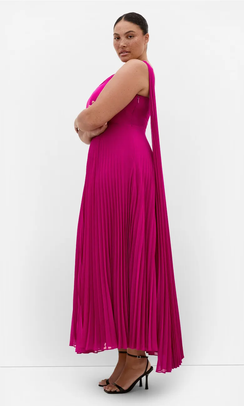 Eloura One Shoulder Pleat Maxi Dress - framboise