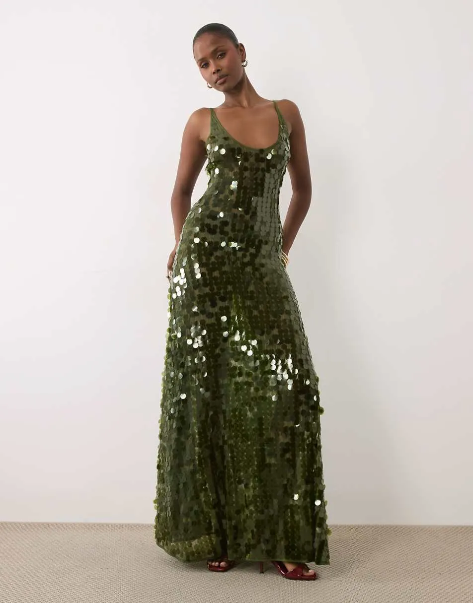 ASOS DESIGN disc scatter sequin scoop neck maxi dress in dark olive