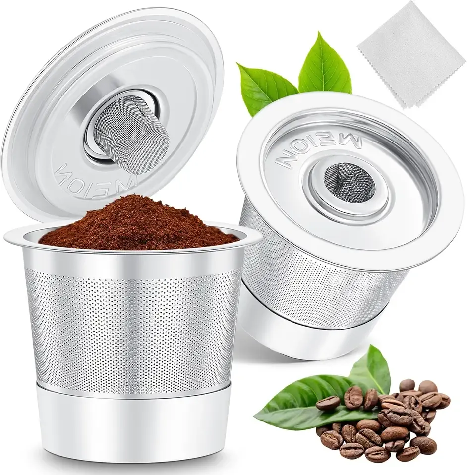 MEION Reusable K Cups for Keurig, 2 Pack-Stainless Steel K Cup Reusable Coffee Pods for Keurig 1.0 Brewers, Refillable Coffee Filters for Keurig Coffee Maker with Cleaning Cloth