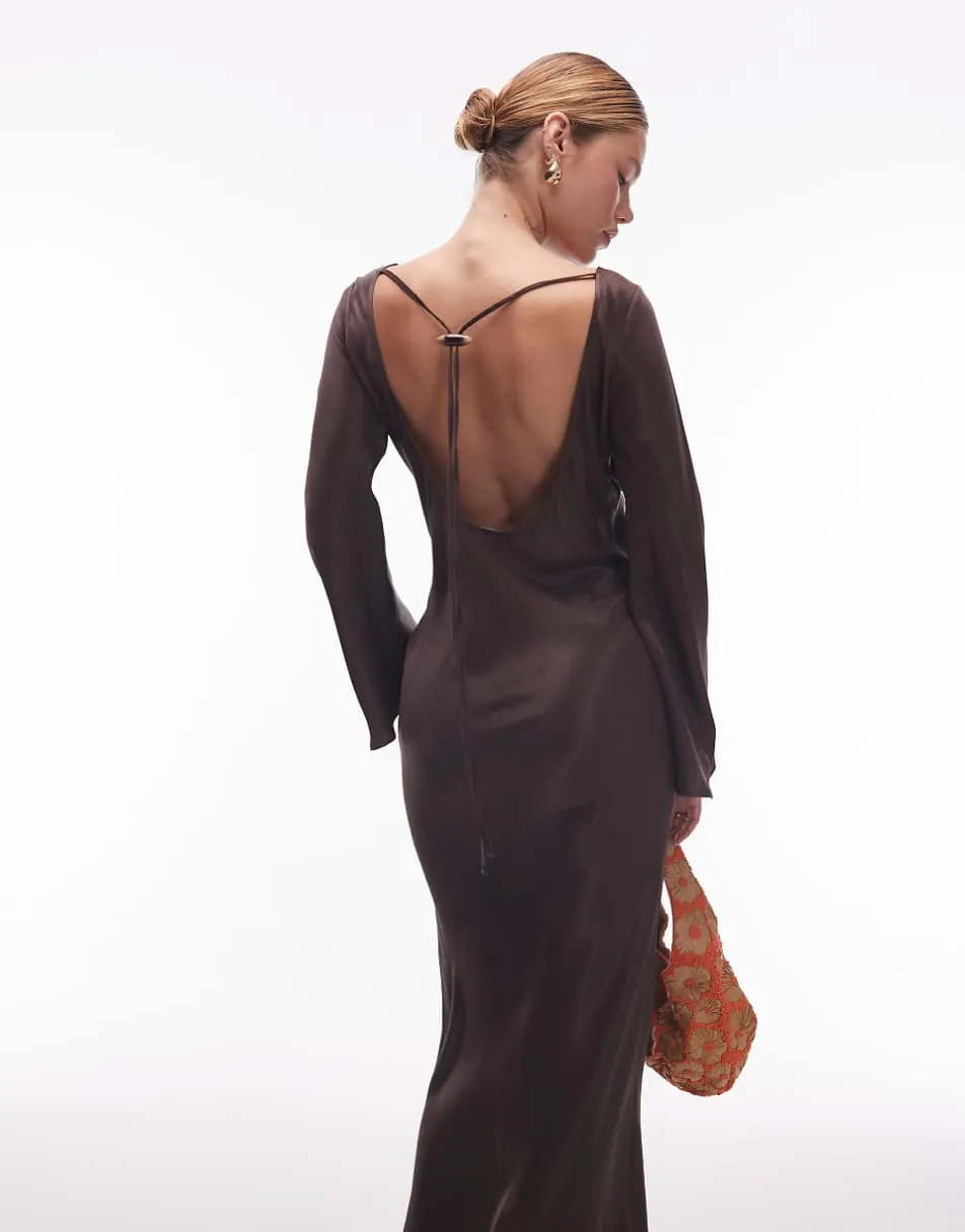 ASOS DESIGN satin angel sleeve low back maxi dress in chocolate