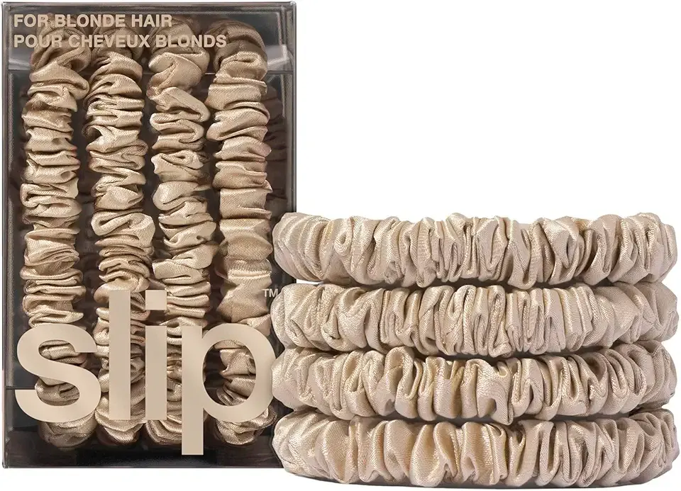 slip Silk Skinny Scrunchies - Blonde | Set of 4 Skinny Scrunchies | 100% Mulberry Silk, Anti-Crease, Gentle on Hair, Reduces Breakage | Stylish, Durable, Ideal for All Hair Types