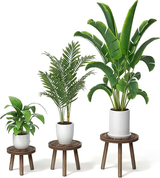 Vecxoty 3-Pack Wood Plant Stands Indoor, Single Plant Stand for 6-12 Inch Pots, Mid-Century Modern Plant Stool, Tall Plant Stand for Large Plants for Living Room, Balcony, Office (Dark Brown)