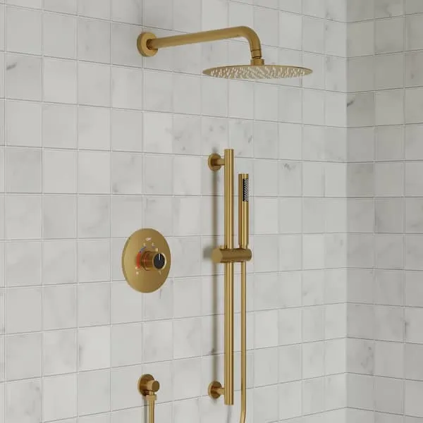 YAWWALK 2-​Spray 10 in.​ Wall Mount Dual and Handheld Shower Head with Slider Bar 2.​5 GPM in Brushed Gold (Valve Included)​