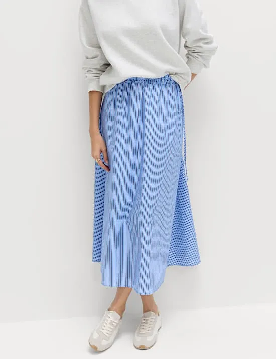 Pure Cotton Poplin Striped Pleated Midi Skirt