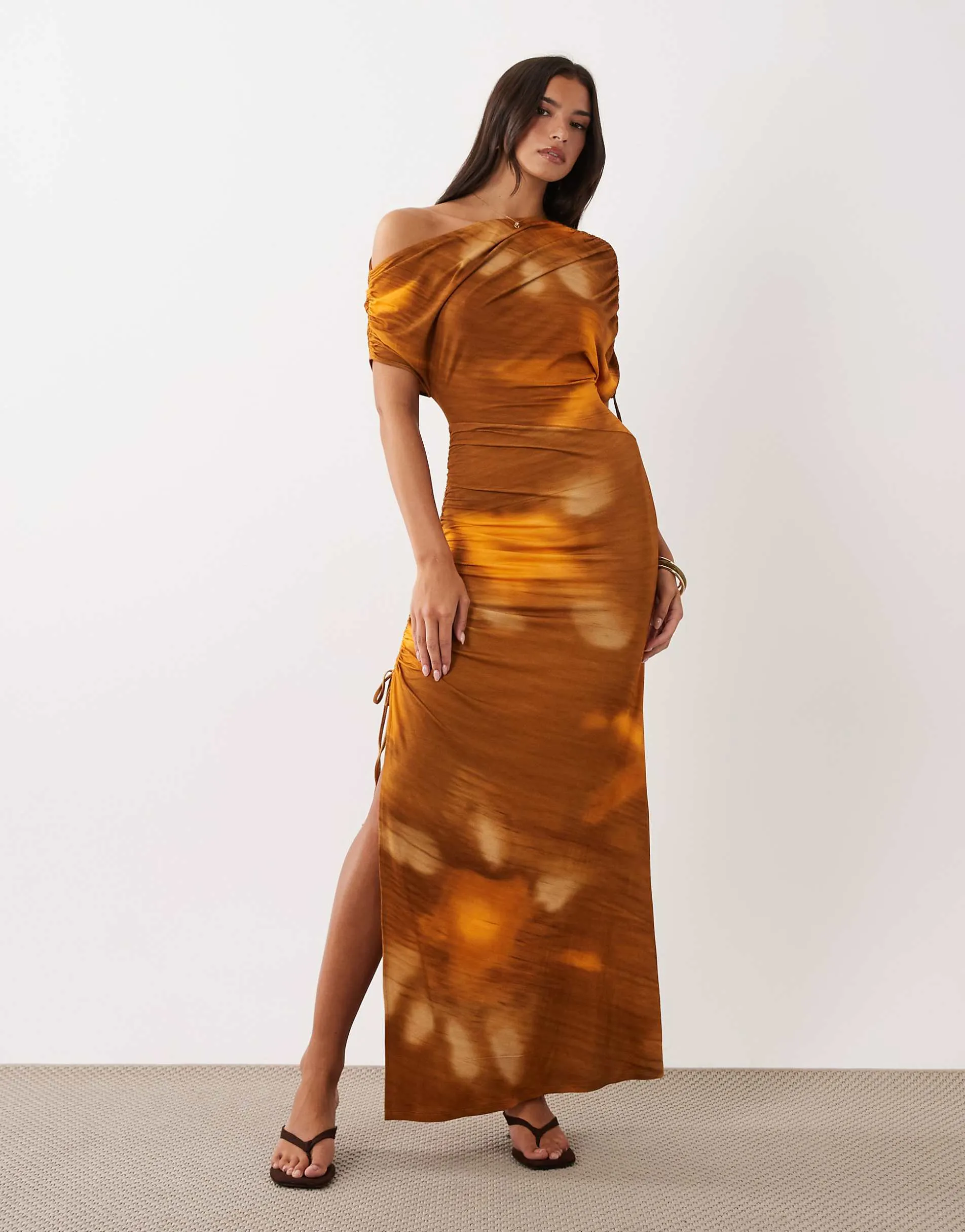 ASOS DESIGN off shoulder tie detail midaxi in orange abstract print