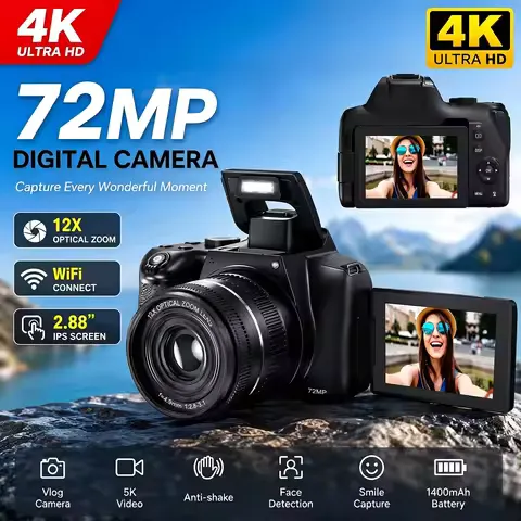 12X Optical Zoom Digital Camera 4K Travel WiFi HD 72MP Advanced 270° Flip Screen Autofocus Beginner/Entry-level Selfie Macro
