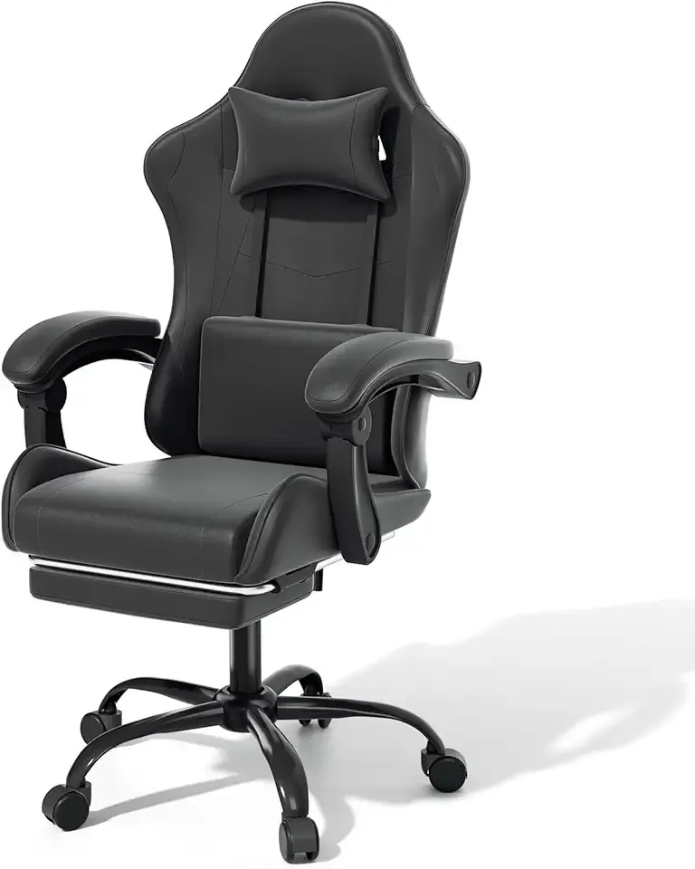 MoNiBloom Gaming Chair with Footrest High Back Video Game Chair with Headrest & Lumbar Support Height Adjustable Leather Swivel Computer Chair for Adult Teen Office or Gaming, Black
