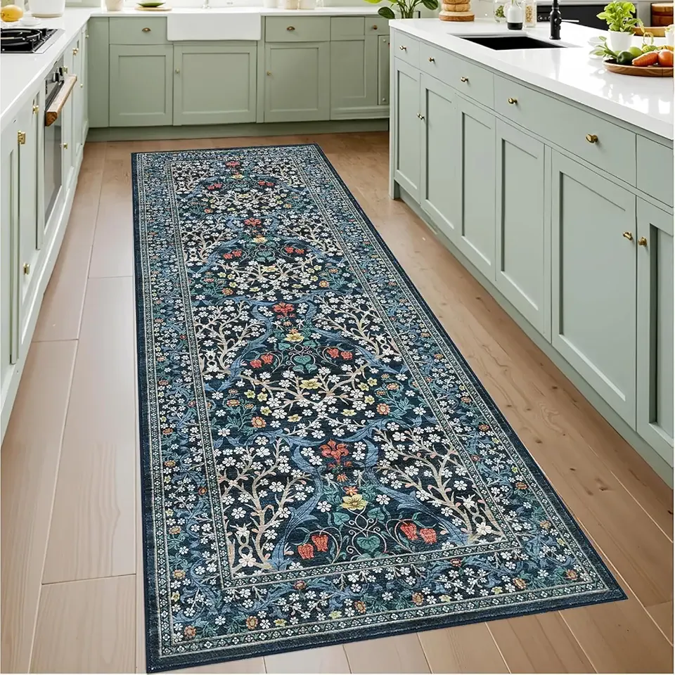 GarveeHome Kitchen 2x6 Runner Rug, Floral Washable Rugs for Hallways Non Slip Stain Resistant, Boho Soft Rug Botanical Carpet for Entryway, Laundry Room, Bedroom Floor Mat, Dark Blue