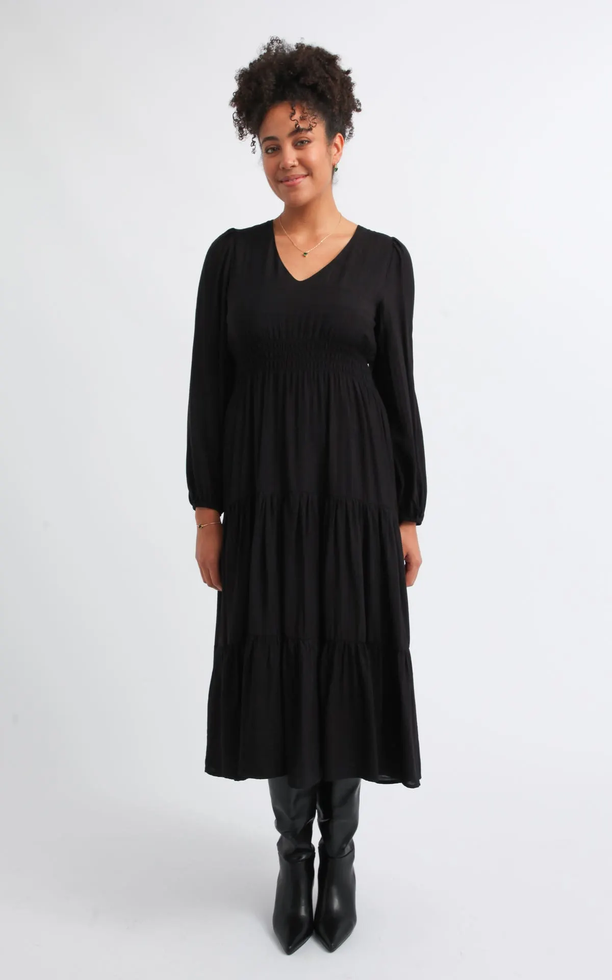 Voile V Neck LS Midi Dress