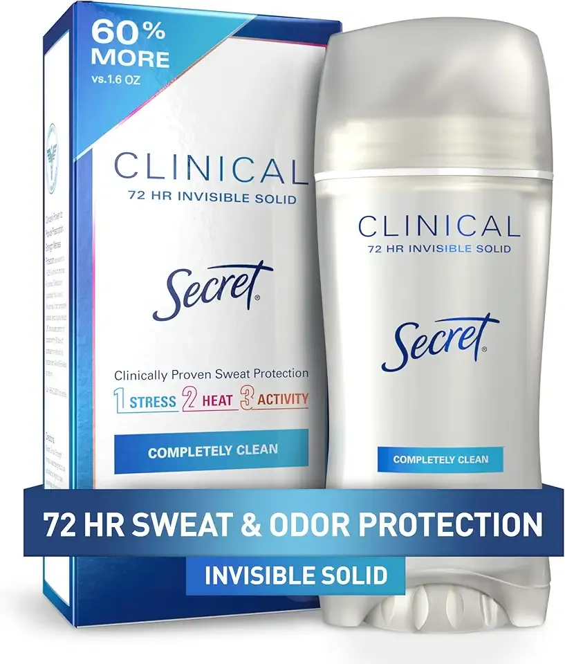 Secret Clinical Strength Antiperspirant Deodorant for Women, 3X Stress Protection, 72hr Sweat & Odor Protection, PH Balancing Minerals, Invisible Solid, Completely Clean Scent, 2.6 oz