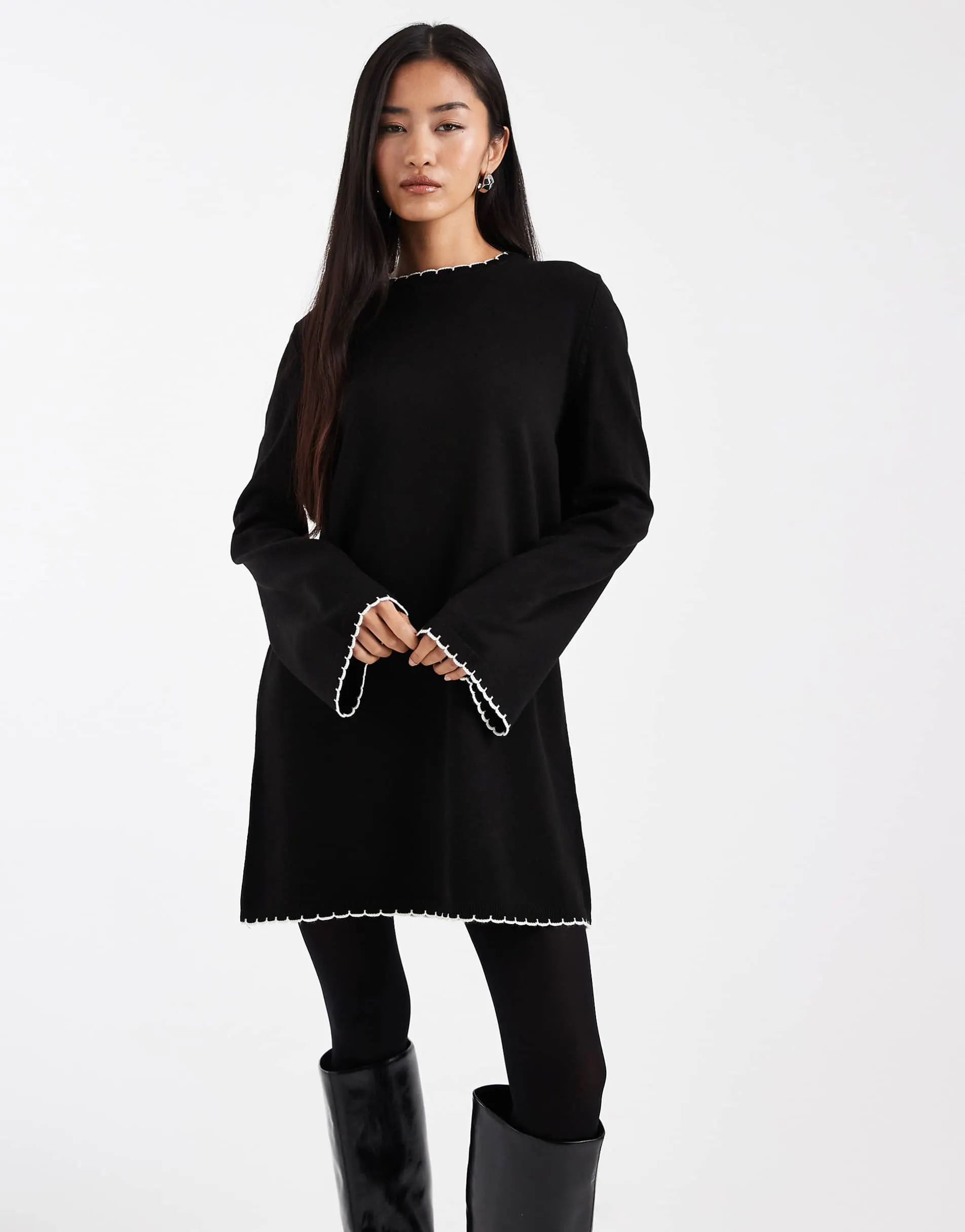 Miss Selfridge blanket stitch dress in black with cream tipping