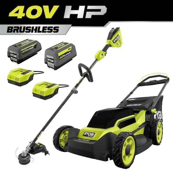 RYOBI 40V HP Brushless 20 in. Cordless Battery Walk Behind Push Lawn Mower and Trimmer - (2) Batteries/(2) Rapid Chargers