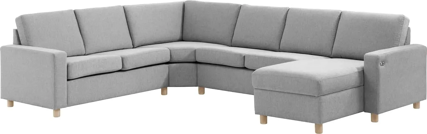 Sone lav hjørnesofa Modulsofa. 2 seter + stort hjørne + 2 seter + sjeselong med recliner i stoff Atlas, armlene J.