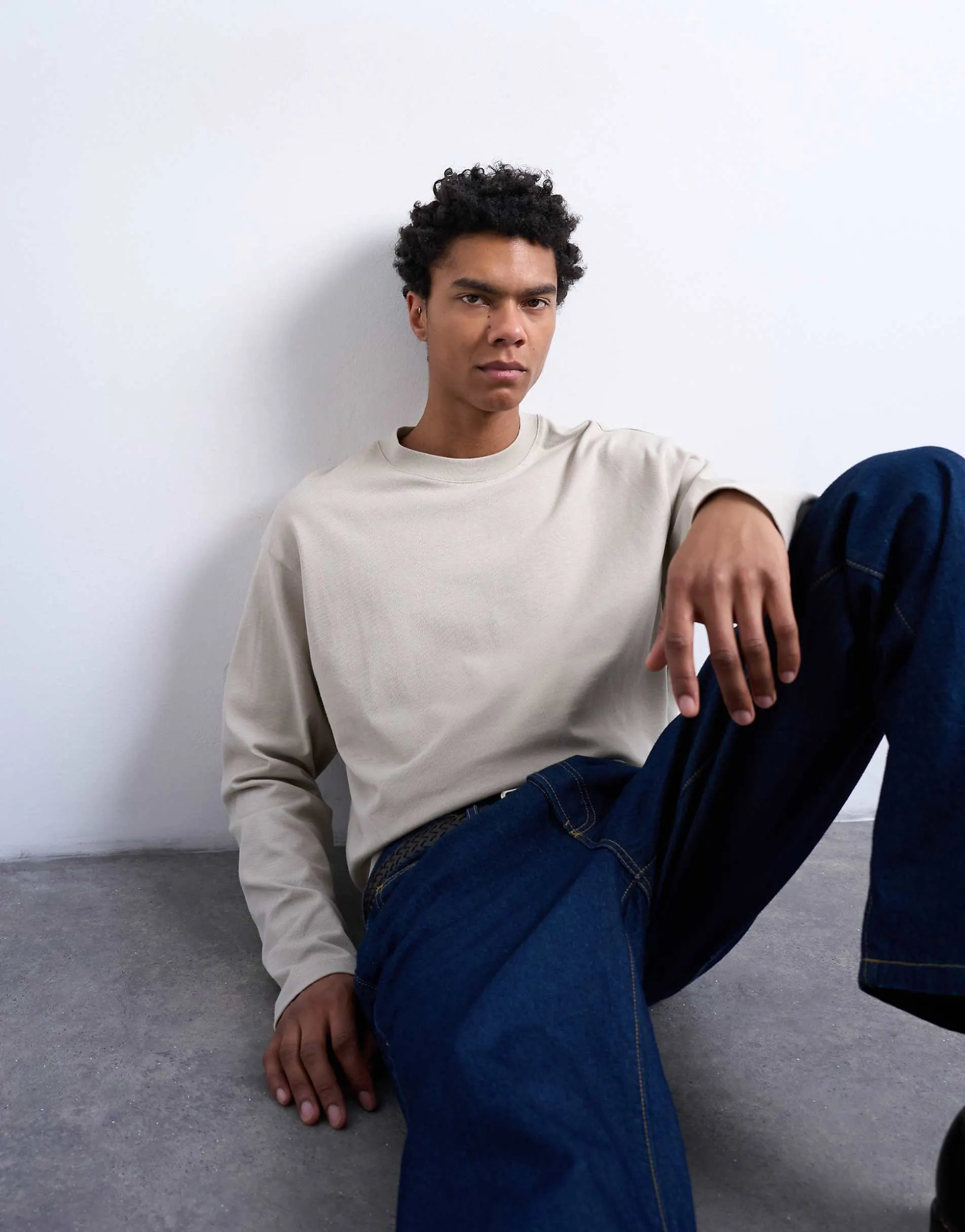 Topman relaxed fit long sleeve t shirt in stone