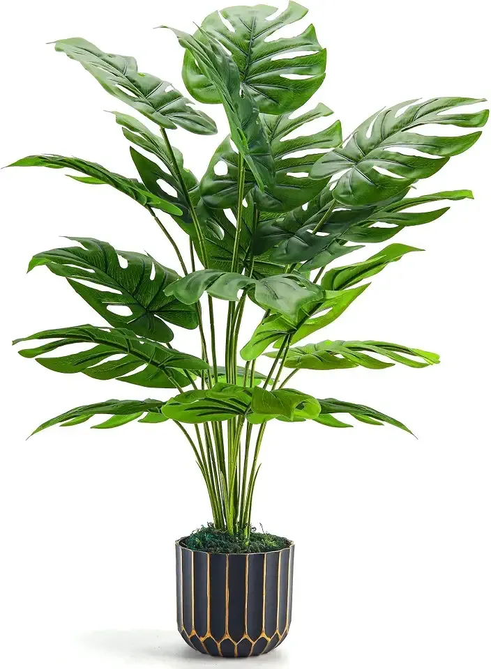 Der Rose 28" Fake Plants, Monstera Plant in Black Gold Pot for Home Decor | Artificial plants indoor add refined tropical greenery to modern offices, elegant entryways, reception areas and house decor