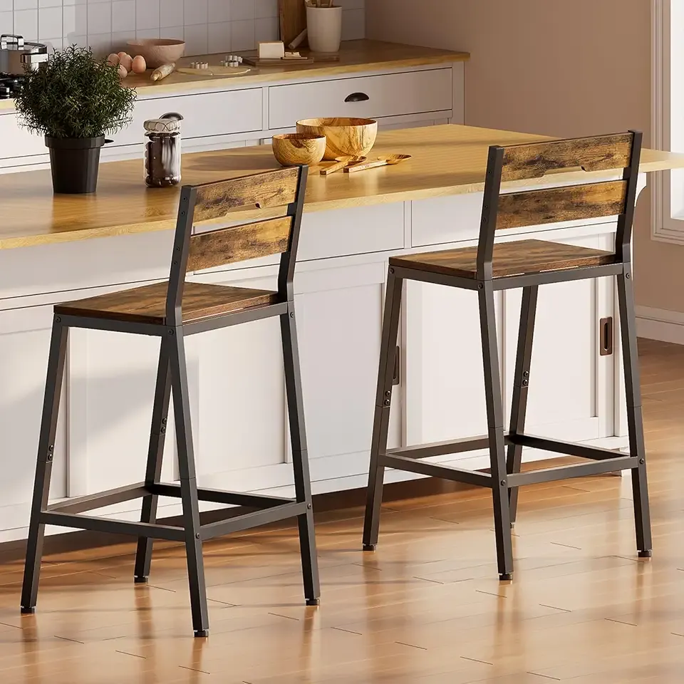 Bar Stools Set of 2, Counter Height Stools, Kitchen Island Stools, Tall Bar Chairs with Backrest & Footrest, Industrial Style Stools for Counter, Metal Frame, Heavy Duty, Rustic Brown, Black