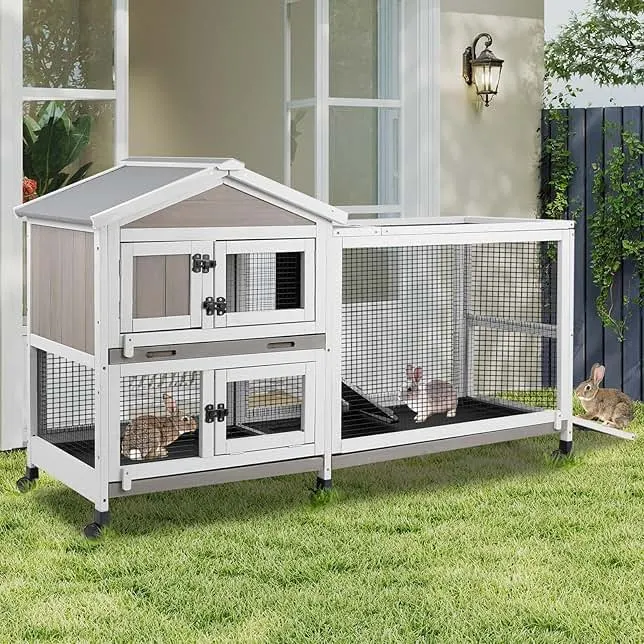 PetsCosset Rabbit Hutch Outdoor Indoor Bunny Hutch with Run 2-Story Large Rabbit Cage on 6 Wheels, 3 Leak Proof Trays, Ramp, Waterproof Roof for Small to Medium Animals, Expandable Design