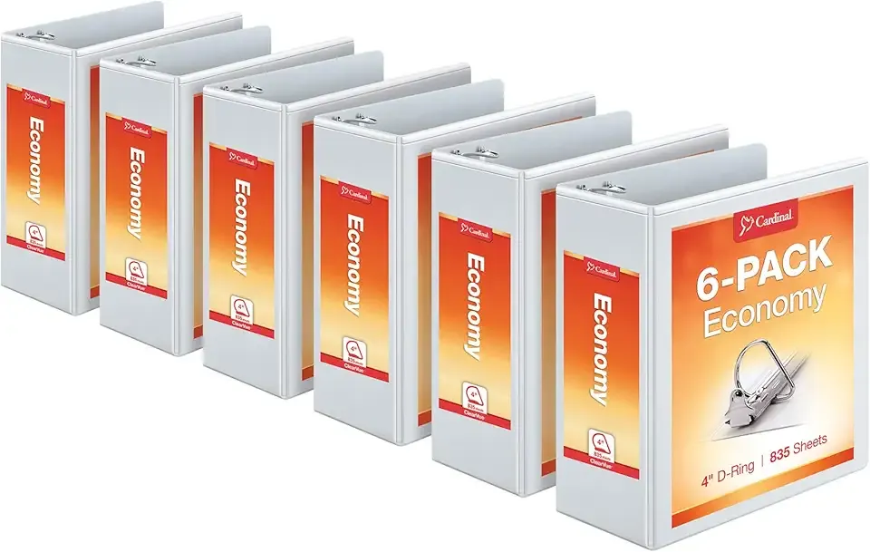 Cardinal Economy 3-Ring Binders, 4", Slant-D Rings, Holds 835 Sheets, ClearVue Presentation View, Non-Stick, White, Case of 6 (90781)