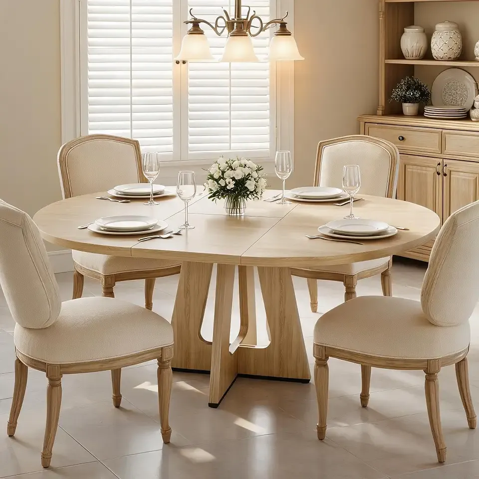 Space-Saving Extendable Round Dining Table for 4-8 - 47-63 in Expands to Oval - Modern MDF Top, Metal Frame - Easy Assembly for Small Spaces - Natural Wood Color