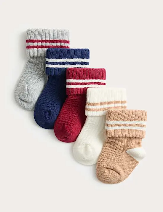 5 Pack Cotton Rich Striped Ribbed Socks (0-3 Yrs)