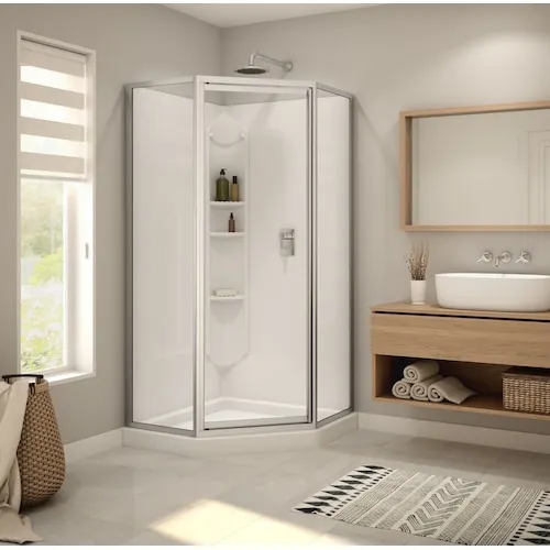 Summit 38L x 38W x 76.5H in. 3-in-1 Corner Shower Kit - Shower Stall Enclosure with Corner Drain Base, Wall, and Glass Shower Door in Chrome