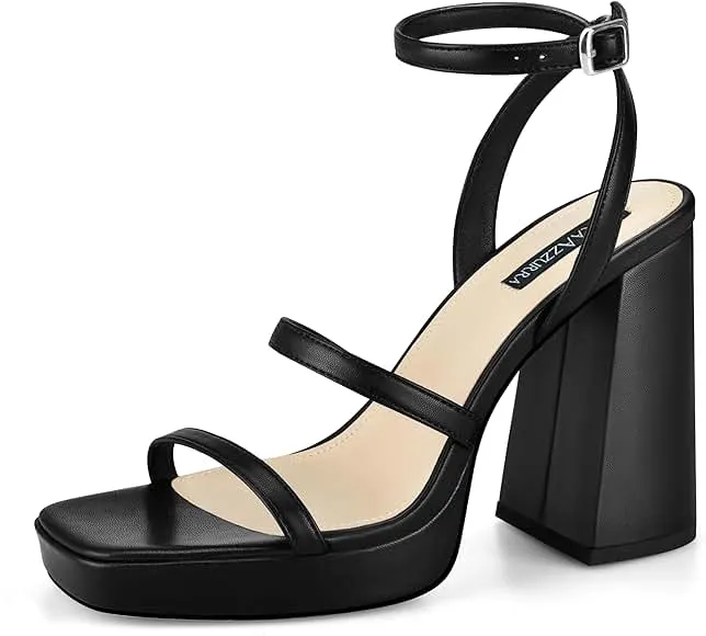 MIRAAZZURRA Platform Strappy Heel Sandals Square Open Toe Two Strap Chunky High Heeled Sandals with Buckle Ankle Strap for Women Party Wedding Dress