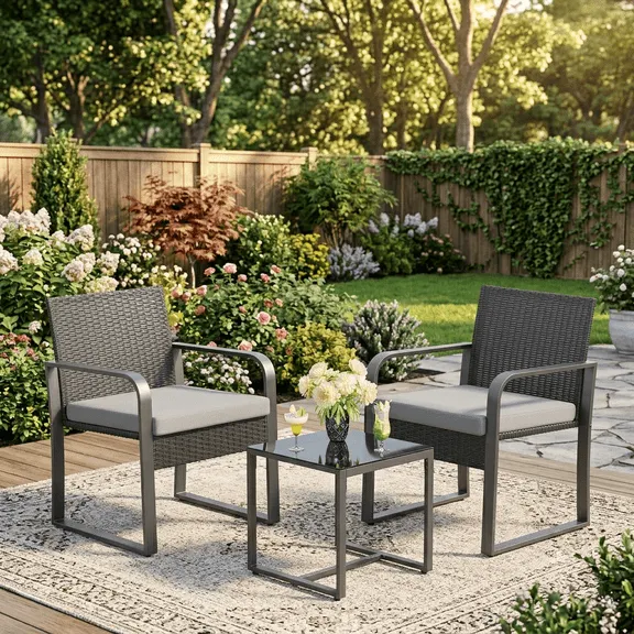 3 Pieces Patio Conversation Set, Lofka Outdoor PE Rattan Patio Porch Furniture Set with 2 Chairs, Glass Coffee Table & Soft Cushions for Garden/Deck/Courtyard/Poolside, Gray $79.99 Was $129.98