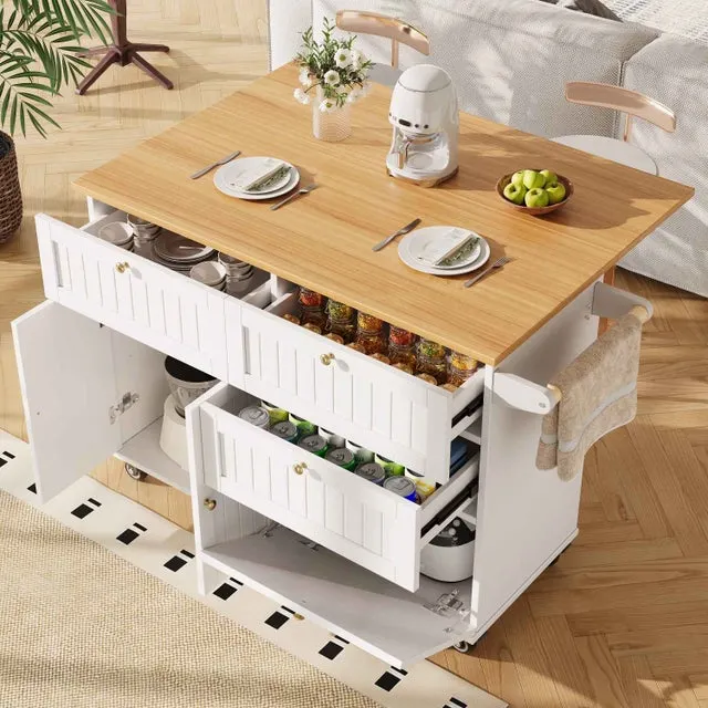 Isla de Cocina Moderna, Buffet, Carro de Almacenaje con Grano de Madera, Mesa Multifuncional con Espacio de Almacenaje y Estantes Extensibles