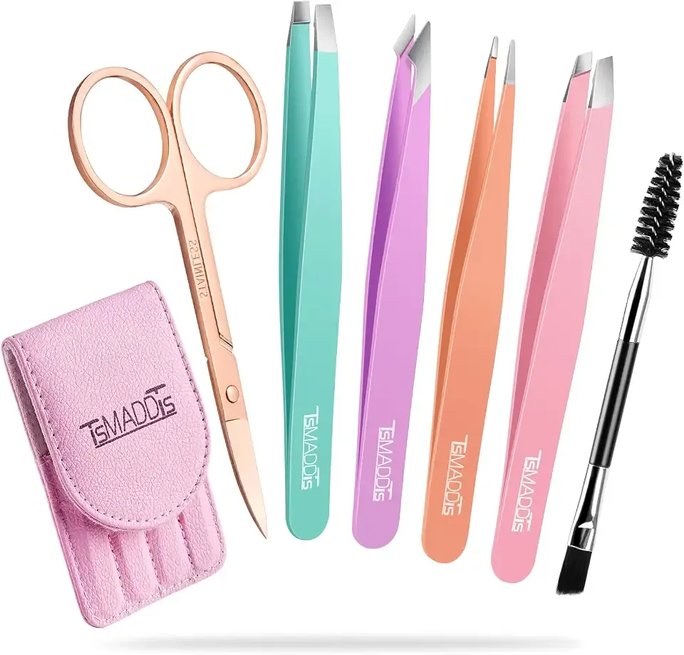 TsMADDTs 6 pcs Tweezers Set for Women, Eyebrow Tweezers with Curved Scissor for Ingrown Hair, Hair Plucking Daily Beauty Tools with Leather Travel Case