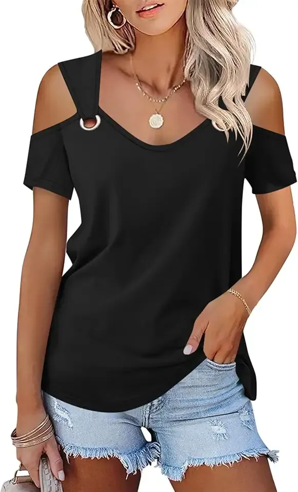Women's Cold Shoulder Tops Short Sleeve V Neck T Shirts Basic Summer Tees