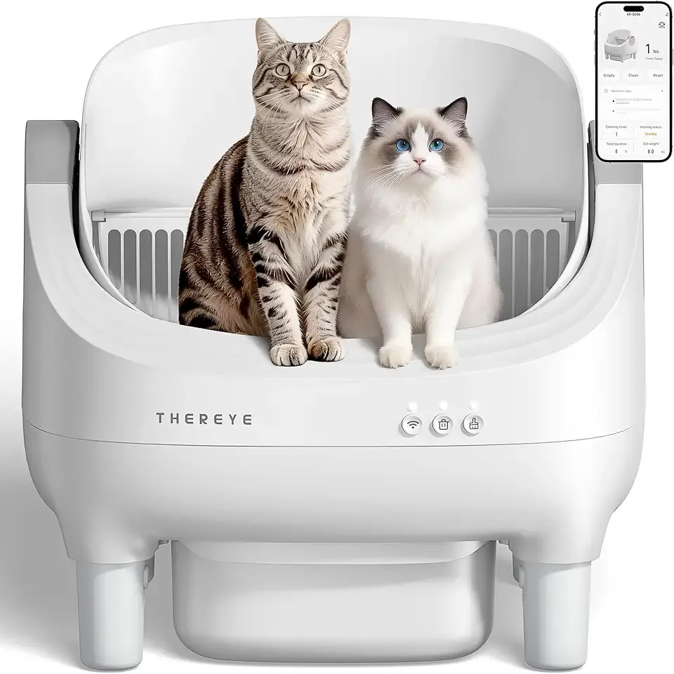Thereye Self Cleaning Cat Litter Box, Open-Top Automatic Litter Box with APP Control, Safety Sensor and 10L Large Waste Bin, Smart Kitty Litter Boxes with Trash Bags and Mat for Multiple Cats