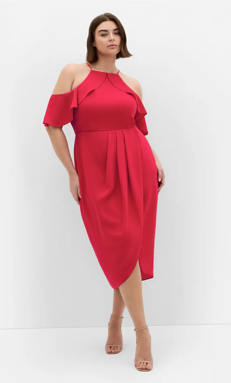 Love Siren Ruffle Shoulder Dress - siren red