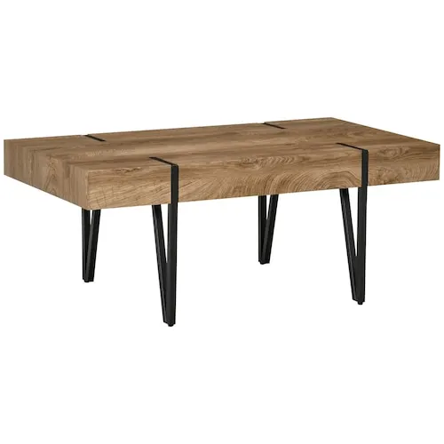 Rustic Coffee Table, Rectangle Nature Cocktail Table with Steel Legs